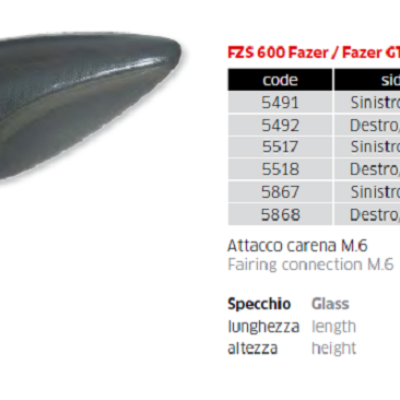  Specchio retrovisore a punta omologato Attacco carena M.6 Interasse 28mm Lunghezza 154mm Altezza 78mm Disponibile tutto nero; carbonio...